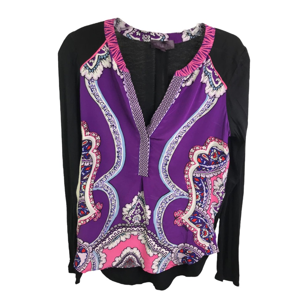 Hale Bob Women's Mixed Media Blouse Purple Black‎ Silk Mirror Scroll Paisley XS
